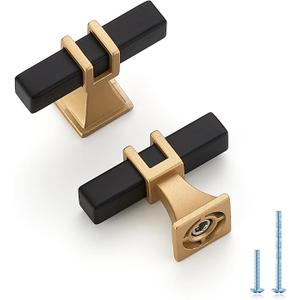 5 Pack 2 inch Black & Gold Cabinet Handles Square Zinc-Alloy Pulls for Kitchen Dresser Closet and Bathroom Cabinets Hardware (Single Hole)