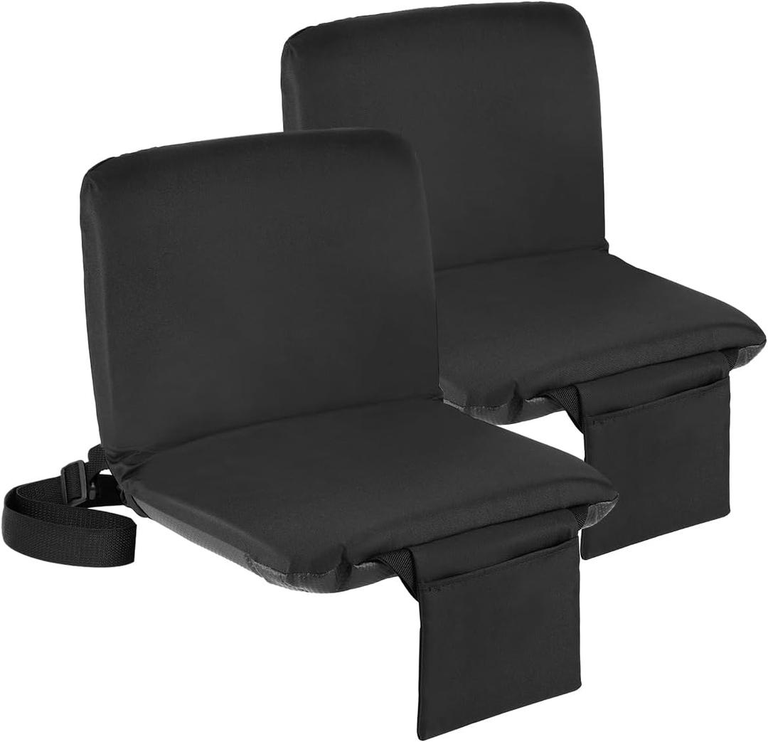 Sportneer Stadium Seats with Back Support: 6 Reclining Position Folding Bleacher Chairs with Back and Cushion - Padded Bleacher Seats with Shoulder Strap & Storage pocket for Events, Outdoors, Camping (17"x11.8"x14", Black,  Pack of 2)