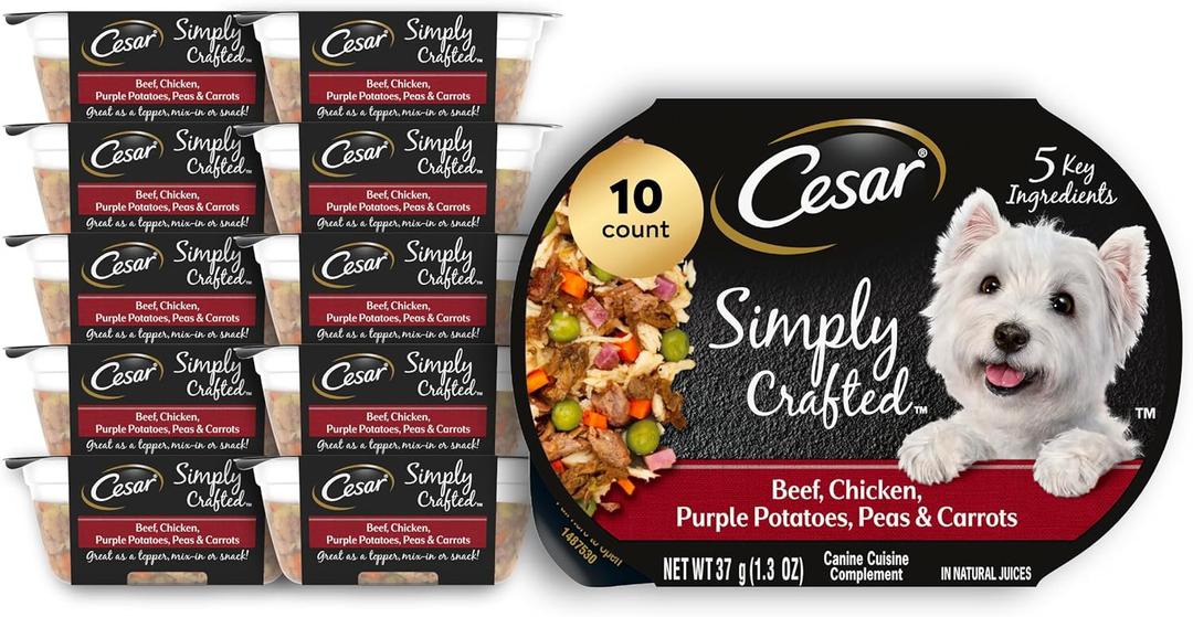 Cesar Simply Crafted Adult Wet Dog Food Toppers for Dry Food, Beef, Chicken, Purple Potatoes, Peas & Carrots, 1.3 oz Tubs, 10 Count, BBD: 08/04/27