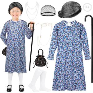 AOTHSO 10 Pcs Kids Old Lady Costume 100 Days of School Costume for Girls Halloween Grandma Dress with Wig Granny Cane for Kid (8-10 Years)