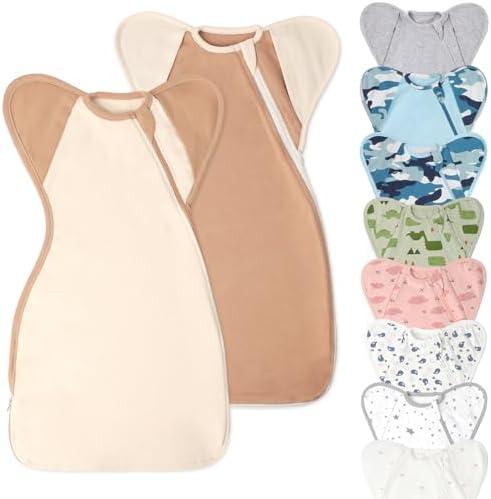 Newborn Baby Swaddle Blanket Sleep Sack 0-3 Months, Arms Up Swaddles 2 Packs Cotton, Hands Up 3-Way Transitions to Arms-Free Wearable Sleeping Sack Bag for Boys Girls Snug Fit Calms Startle Reflex Small