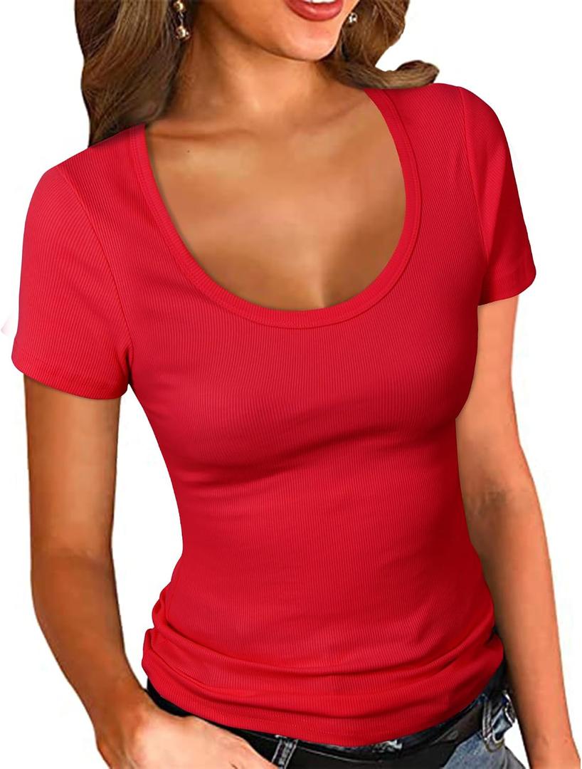 PALINDA Women's Scoop Neck Ribbed Fitted Shirt Basic Short Sleeves Summer T Shirt Tops
