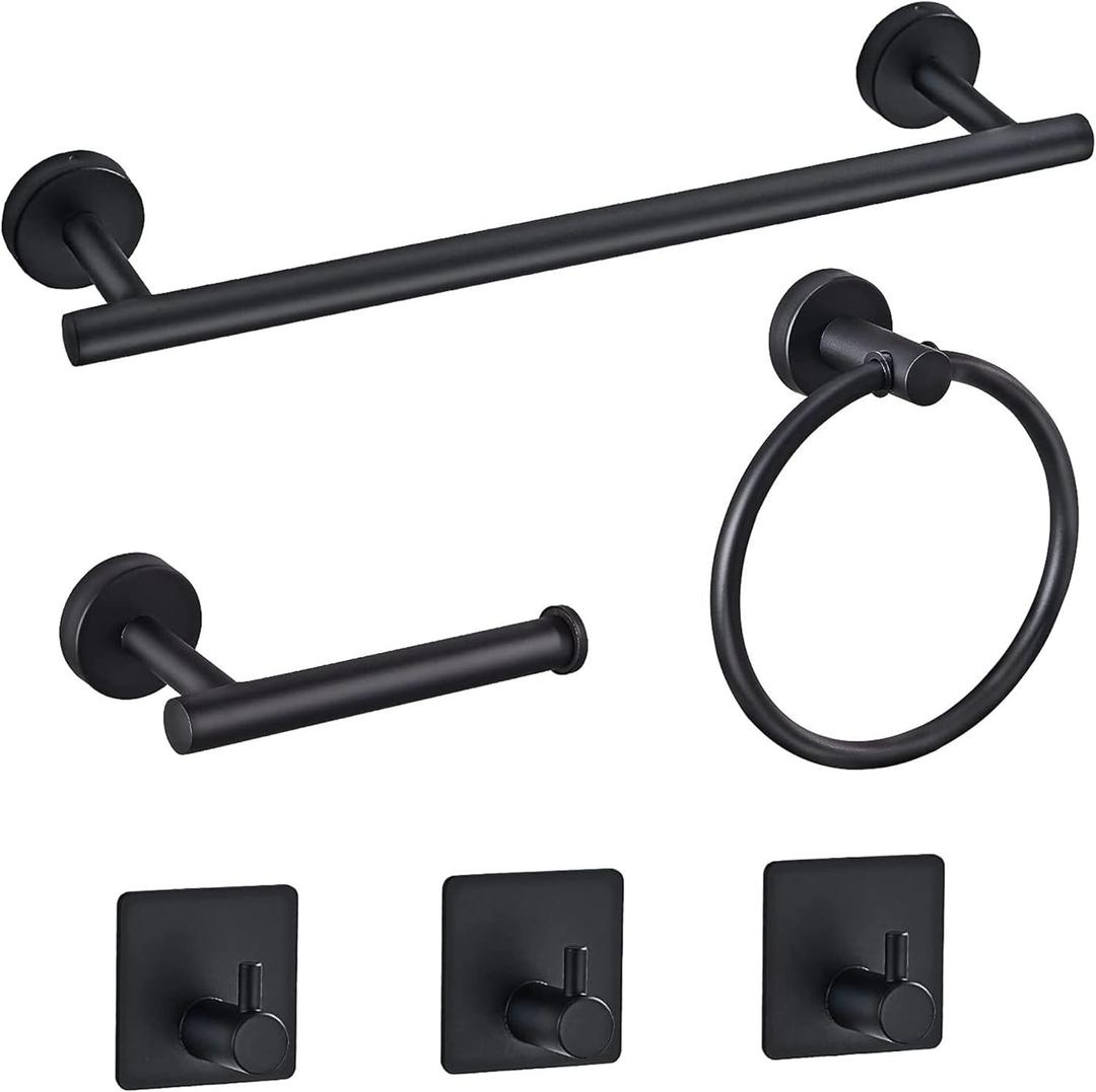 6 PCS Bathroom Hardware Set, Matte Black Stainless Steel Wall Mounted Bath Accessories Towel Bar, Toilet Paper Holder, Towel Ring, 3 Robe Towel Hooks Towel Rack Set