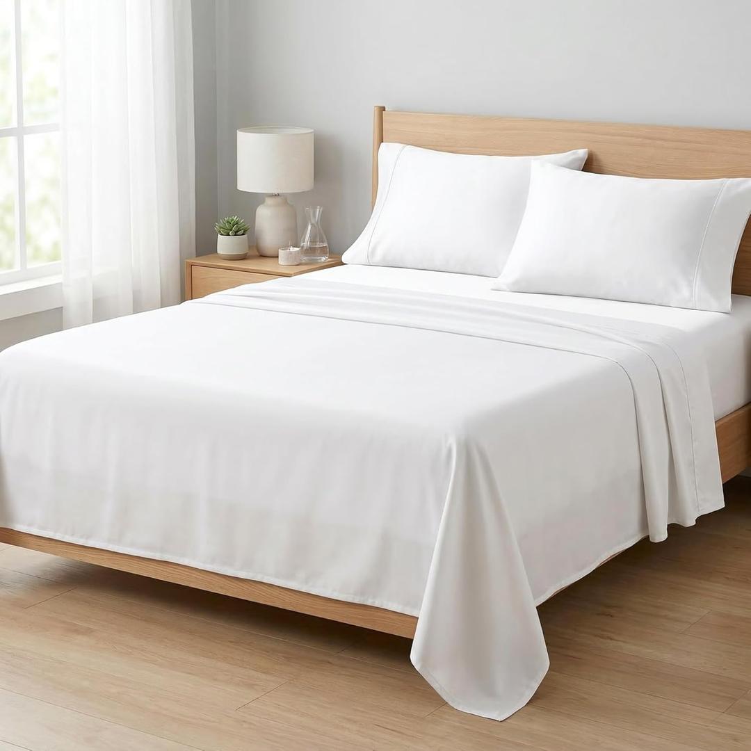 Beckham Hotel Collection Sheets Set King Size, 100% Cotton Sateen Fabric, Silky Smooth & Soft, Cool Touch, 16 Deep Pocket, 4-Piece, White