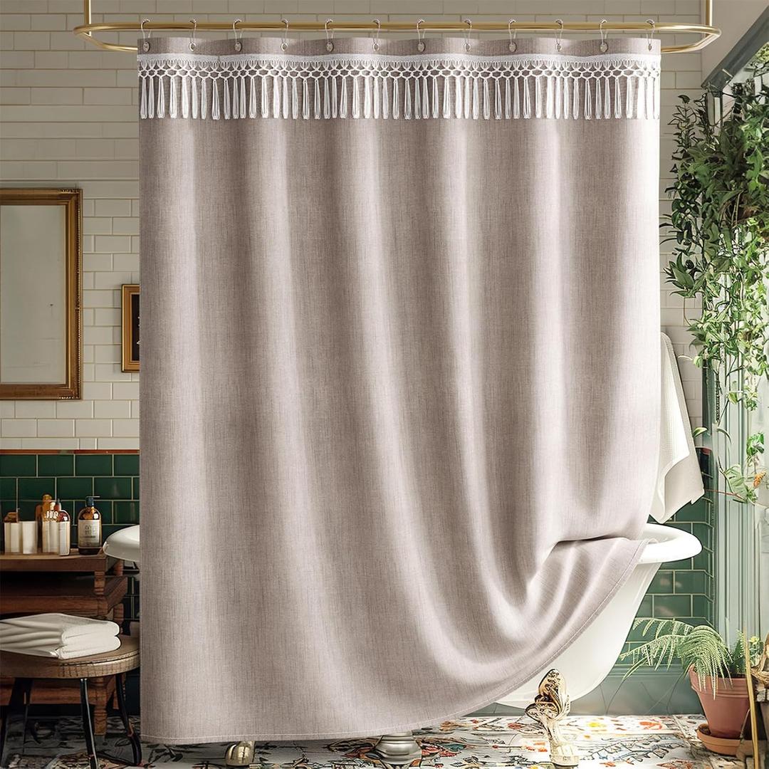 AmazerBath Taupe Boho Shower Curtain with Tassels, Linen Textured Farmhouse Shower Curtain Set with 12 Hooks, Washable Water-Repellent Neutral Fabric, 72x72 Inches Tan