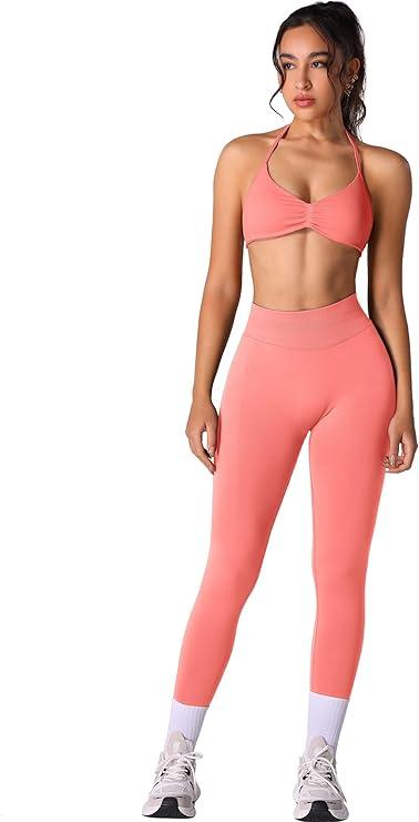 ABOCIW Workout Sets for Women 2 Piece Seamless Halter Sports Bra Scrunch Butt High Waist Leggings Gym Yoga Outfits (Medium, #1 Pink)