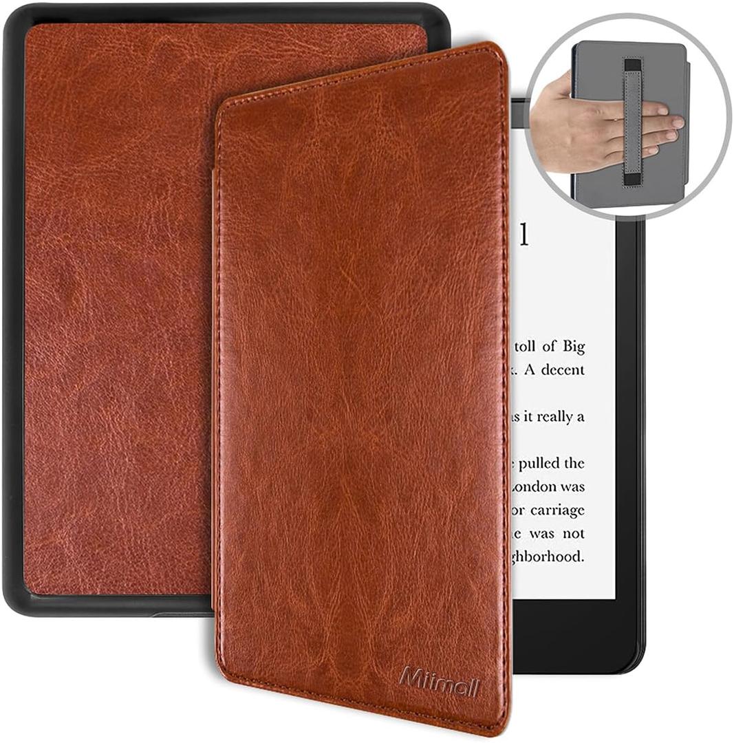 Miimall Case for Kindle Paperwhite 12th Generation & Colorsoft Signature Edition 7 Inch 2024 Leather Case with Hand Strap, Auto Sleep/Wake, Slim Foldable Cover for Kindle Paperwhite 12th, Brown