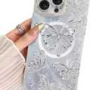 BITOBE Designed for iPhone 16 Pro Case Silver Butterfly Design, Slim Shiny Glitter Shockproof Bumper Compatible with Magsafe Charging with Camera Protection for Women Girls Men 6.3"- Silver