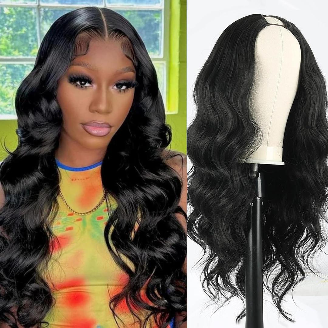 Black V Part Wig Body Wavy Wig Upgrade U Part Synthetic Wigs for Black Women Full Head Clip In Hair Glueless 24Inch Hair Replacement Synthetic Wigs (Black)