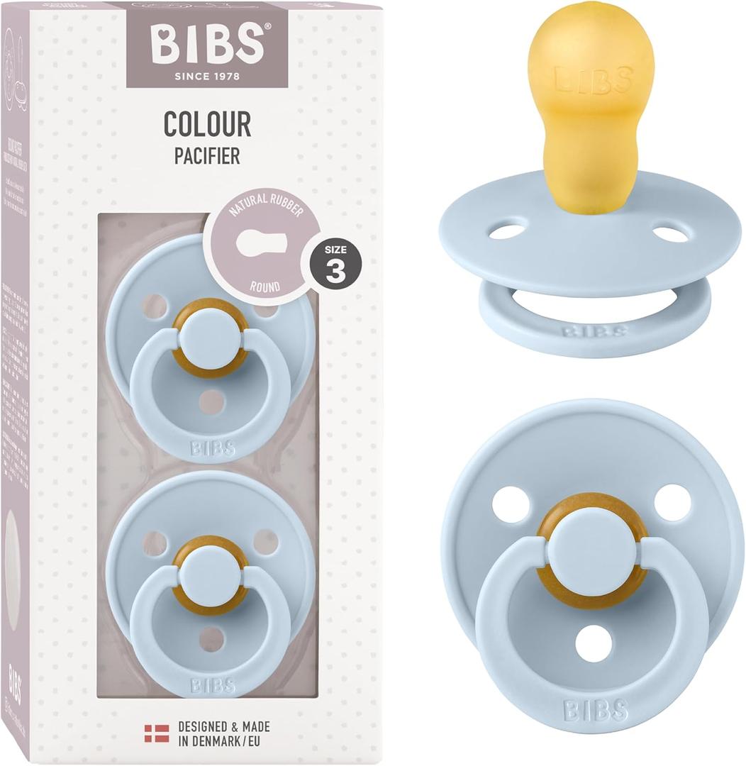Bibs Colour Pacifier 2-Pack | BPA Free Soother, Round Nipple. Natural Rubber Latex, (Baby Blue)