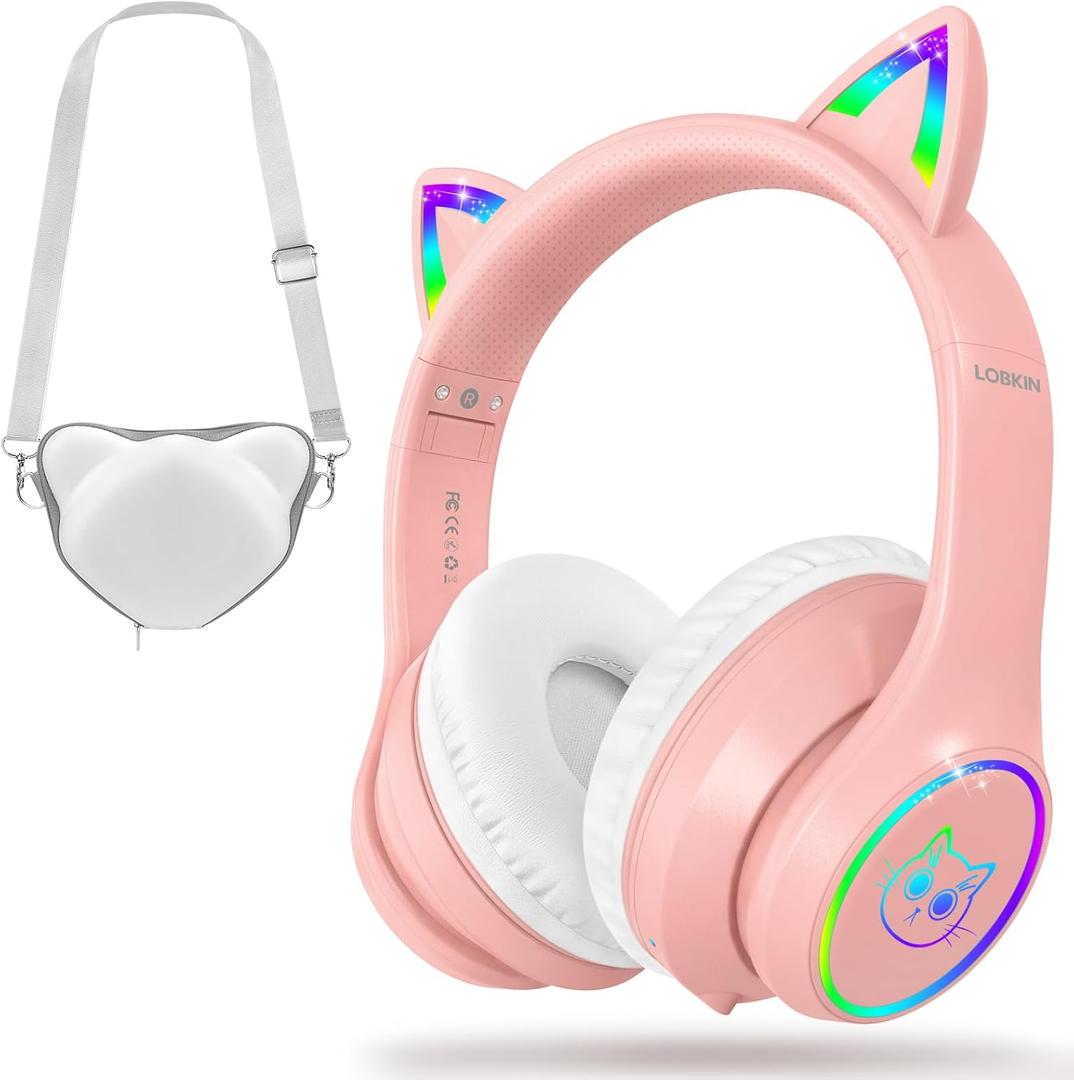 LOBKIN Bluetooth 5.4 Kids Headphones with Case - RGB LED Light Up Cat Ears Foldable Adjustable Over Ear Headphone Support Wireless or 3.5mm Wired Mode for Toddler & Girls & Boys Teens (Pink)
