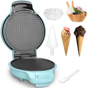 Baker's Friend Waffle Cone Maker Machine with Browning Control, 7.5” Ice Cream Cone Maker, Cone Roller & Bowl Press Included,Thin Waffle Maker Crispy, Nonstick Waffle Bowl Maker,Aqua