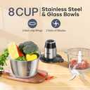 GANIZA Food Processors, Electric Food Chopper with Meat Grinder & Vegetable Chopper - 2 Bowls (8 Cup+8 Cup) with Powerful 450W Copper Motor - Includes 2 Sets of Bi-Level Blades for Fruits/Meat/Nuts (Black)
