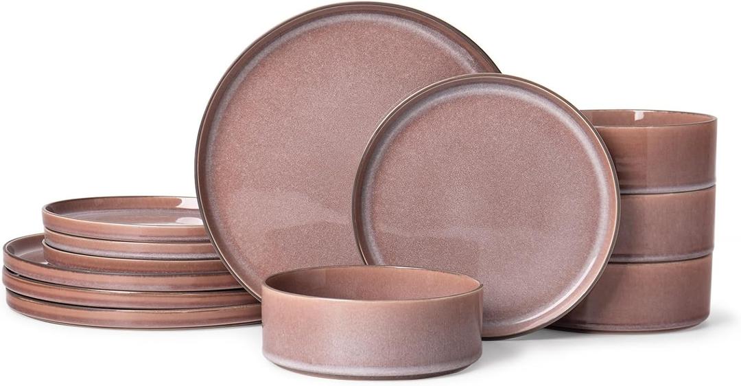 MONITO 12PCS Stoneware Plates and Bowls Set, Ceramic Dinnerware Sets, Service for 4, Chip and Scratch Resistant Dish Set, Microwave and Dishwasher Safe, Housewarming Party Holiday Gift, Vintage Brown