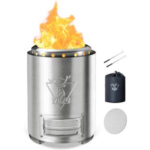 YEFU Tabletop Fire Pit 9.7 x 7.1 in, Flame Intensity Control Camping Stove for Outdoor & Patio, Fueled by Pellets or Wood, Safe Burning Table Top Firepit, with Travel Bag & 2 Mini Sticks, Silver