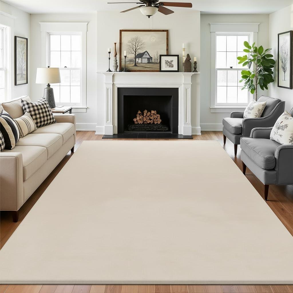 SHACOS Ultra Soft Faux Rabbit Fur Area Rug 6'x9', Non Slip Washable Padded Living Room Rugs, Fluffy Cozy Indoor Modern Carpet for Bedroom Dining Room Kids Room Dorm Home Decor, Beige