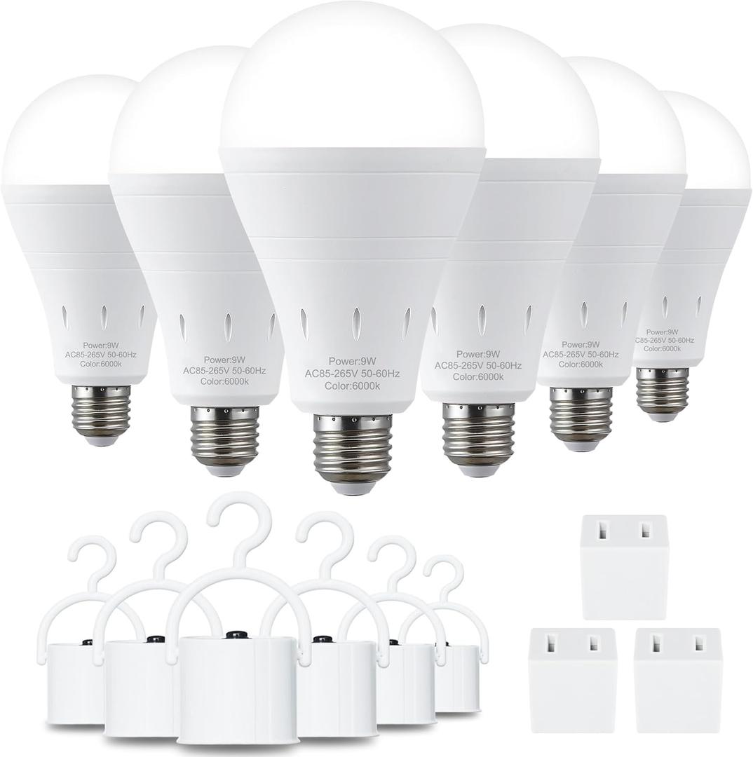 6 Pack Rechargeable Emergency Light Bulbs, Battery Powered LED Light Bulb 6000K Daylight E26 120 Volt 9W 60W Equivalent with 1200mAh for Home Power Outage Camping Hurricane