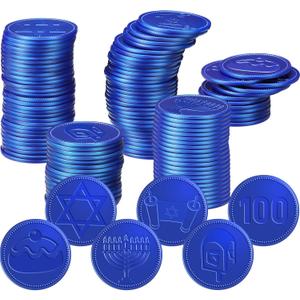 Zubebe 300 Pieces Plastic Hanukkah Gelt Coins Bulk Dreidel Menorah Star of David Design Coins for Hanukkah Party Favors Decorations, 6 Styles for Treasure Hunt Game (Blue)
