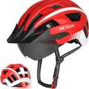 Bike Helmet for Men with M/L/XL Sizes, Magnetic Goggles, Removable Visor | PC Outer Shell, EPS Foam, 2-IN-1 Function of Rear Light with Size Regulator, for Adult Men Women Mountain Road Cycling, L: 57-61 cm, Red
