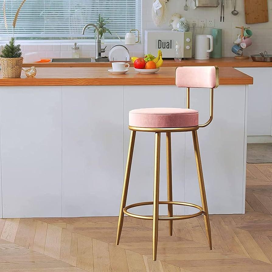 Velvet Fabric Bar Stool with Gold Footrest, Counter Height Bar Chairs for Dining Room, Kitchen Island, Pub-Pink