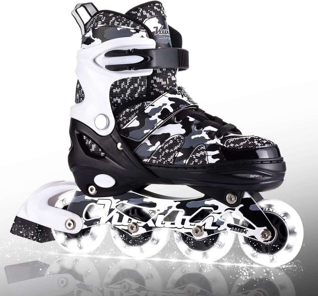 Kuxuan Boys Adjustable Inline Skates with Light up Wheels, Fun Illuminating Skates for Kids Girls Youth (X-Large(Adult 8-10 US), Black Came)