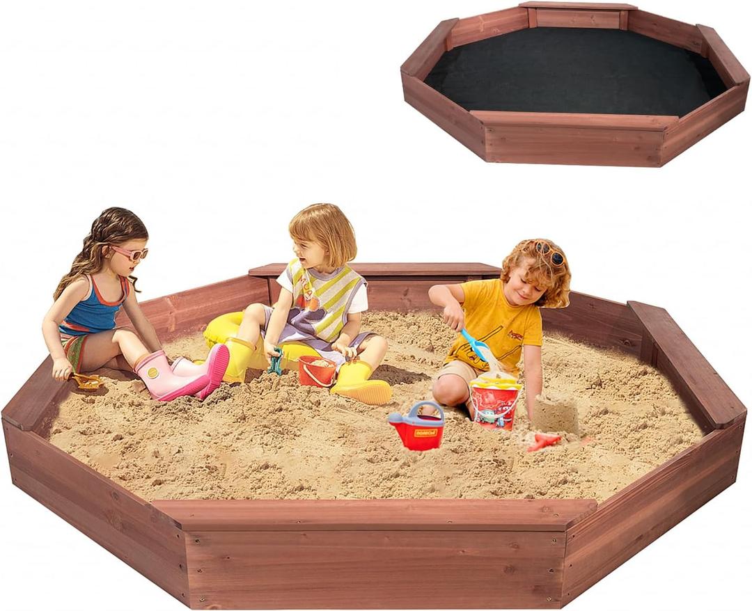 Wooden Octagonal Sandbox with Cover, Outdoor Sandpit with 4 Bench Seats, Sand Box for Children, Beach for Backyard, Patio, Gardenred, 82 inches x 78 inches x 8.5 inches