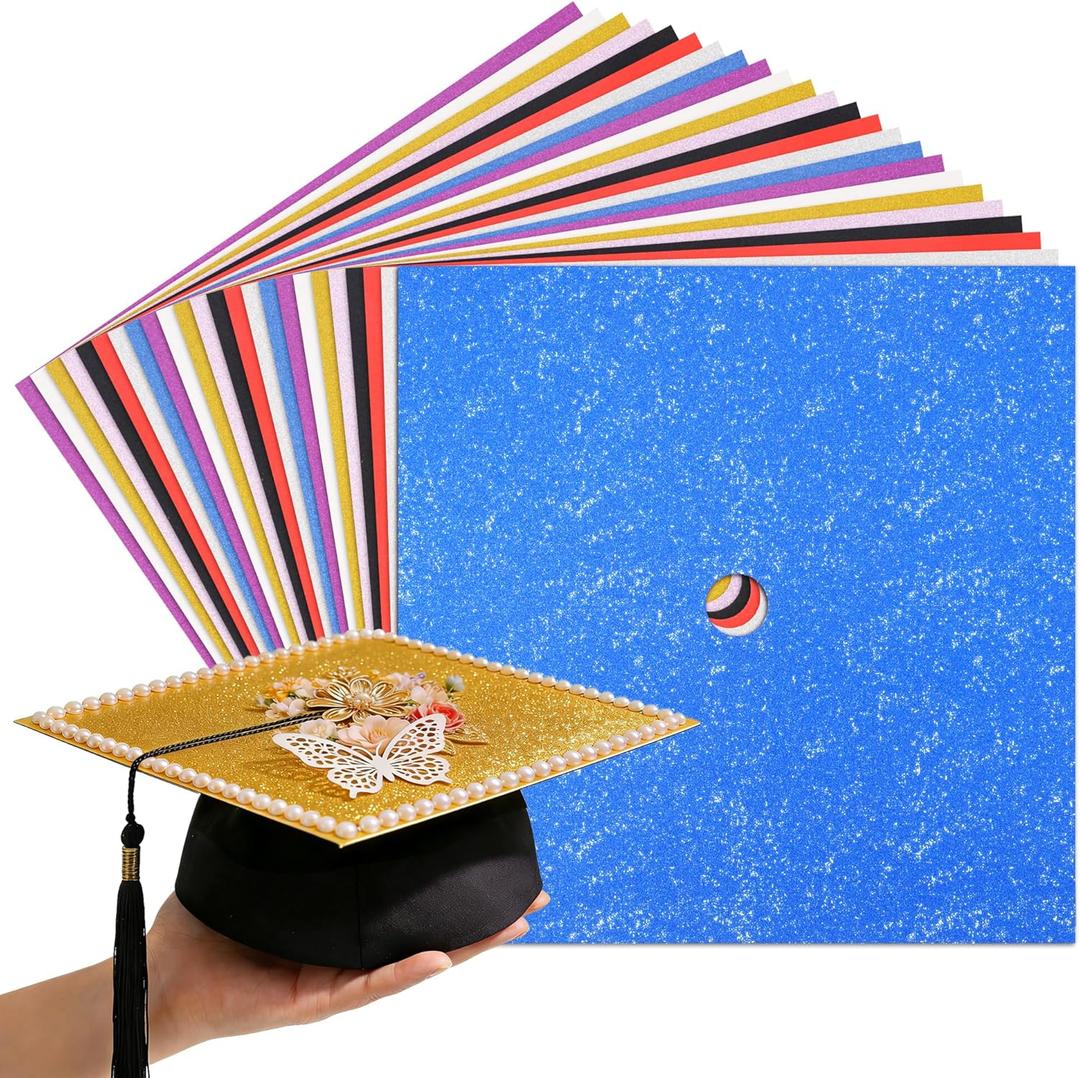 Qumenan 24 Sheets Graduation Cap Decorations Black Glitter Cardstock Blank Graduation Cap Topper Shimmer Grad Toppers for Cap 9x9 Inches 250 GSM for DIY Grad Cap(Glitter Cardstock)