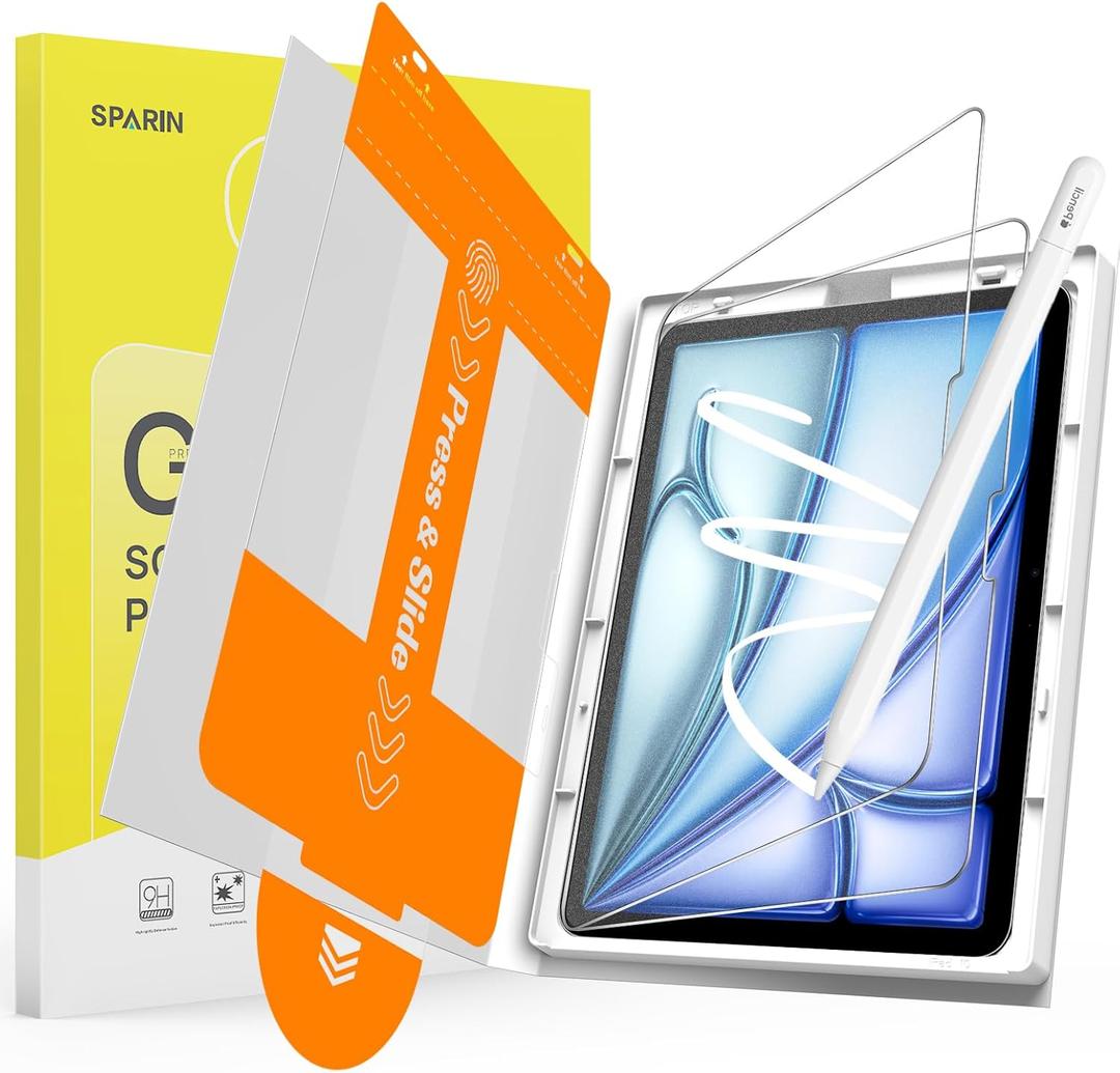 SPARIN Paper Glass Screen Protector for iPad Air 11 Inch M3/M2 (7th/6th Generation, 2025/2024), 2 Pack Tempered Glass Matte Film with Easy Installation Tray, Write Like on Paper, Apple Pencil Support
