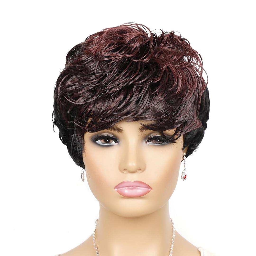Short Pixie Cut Wig Synthetic Short Curly Wigs for White/Black Women Shot Layered Wavy Hair Wig With Bangs,Daily Wig (Mixed black&wine red 1H99J#)