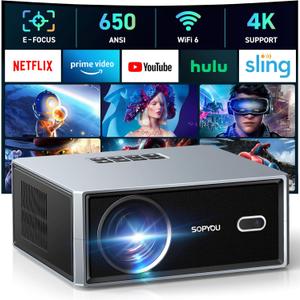 [Electric Focus/Auto Keystone] Projector with WiFi and Bluetooth, Native 1080P 4K Support Outdoor Movie Projectors Max 450" Display, SOPYOU Home Theater Projector for iOS/Android/TV Stick (Silver)