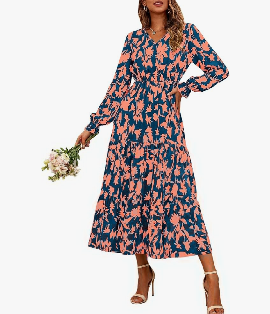 BTFBM Women Fall Dresses 2025 Casual Long Sleeve V Neck Maxi Dresses Floral Boho Long Dress Wedding Guest Dress M