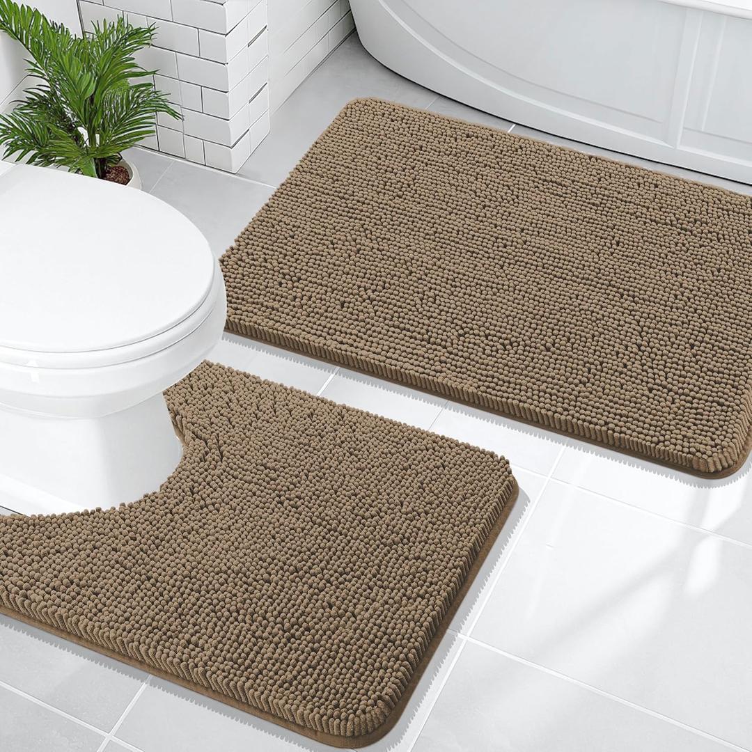 OLANLY Bathroom Rugs Sets 2 Piece, Soft Absorbent Chenille Bath Mats and U-Shaped Contour Toilet Mat Area Rug Set, Machine Washable Bath Carpet, Home Decor Accessories(30"x20"+24"x20", Tan)