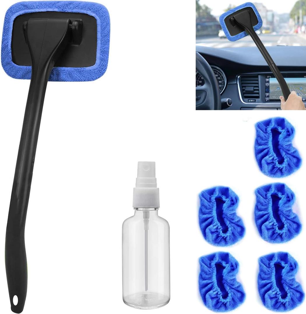 desin Car Windshield Cleaner Tool with Extendable Handle, Inside Auto Window Glass Cleaning Kit with 5 Washable Microfiber Pads, Streak-Free Defogger Wand for Deep Dashboards & SUVs