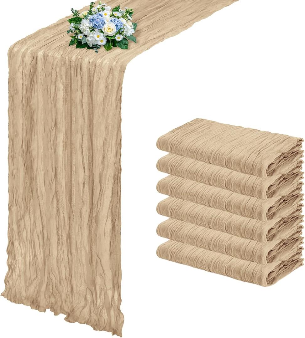 6 Pack Beige Cheesecloth Table Runner 17x108 Inch Semi Sheer Boho Gauze Cheese Cloth Fabric Table Runners, for Wedding Party Baby Shower Birthday Home Decor Garden Farmhouse