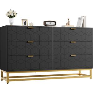 IDEALHOUSE Black 6 Drawer Dresser for Bedroom, 53.5 Large Dresser with Metal Legs, Modern Chest Organizer with Wide Storage, Chest of Drawers for Bedroom, Living Room, Entryway