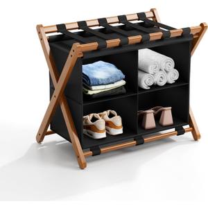 Bamboo Luggage Rack with 4 Storage Compartments, Foldable Suitcase Stand for Guest Room, 150lbs Capacity, Sturdy, Space-Saving and Easy to Assemble Organizer