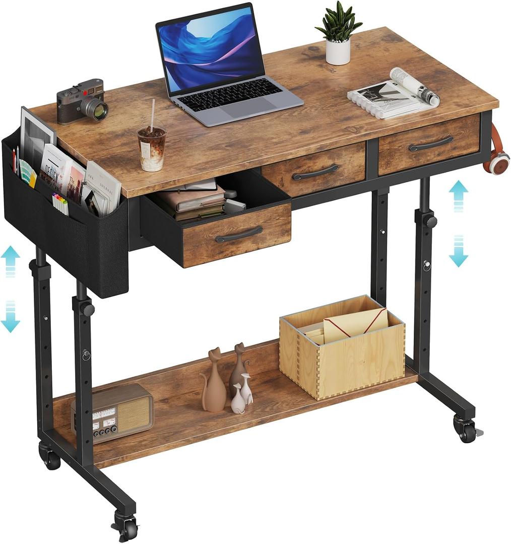Rolling Standing Desk Adjustable Height with Drawers on Wheels, 40 Inch Portable Mobile Stand Up Computer Desks for Bedroom Home Office, Couch Sofa Side Laptop Table with Storage, Rustic Brown, 39.5"