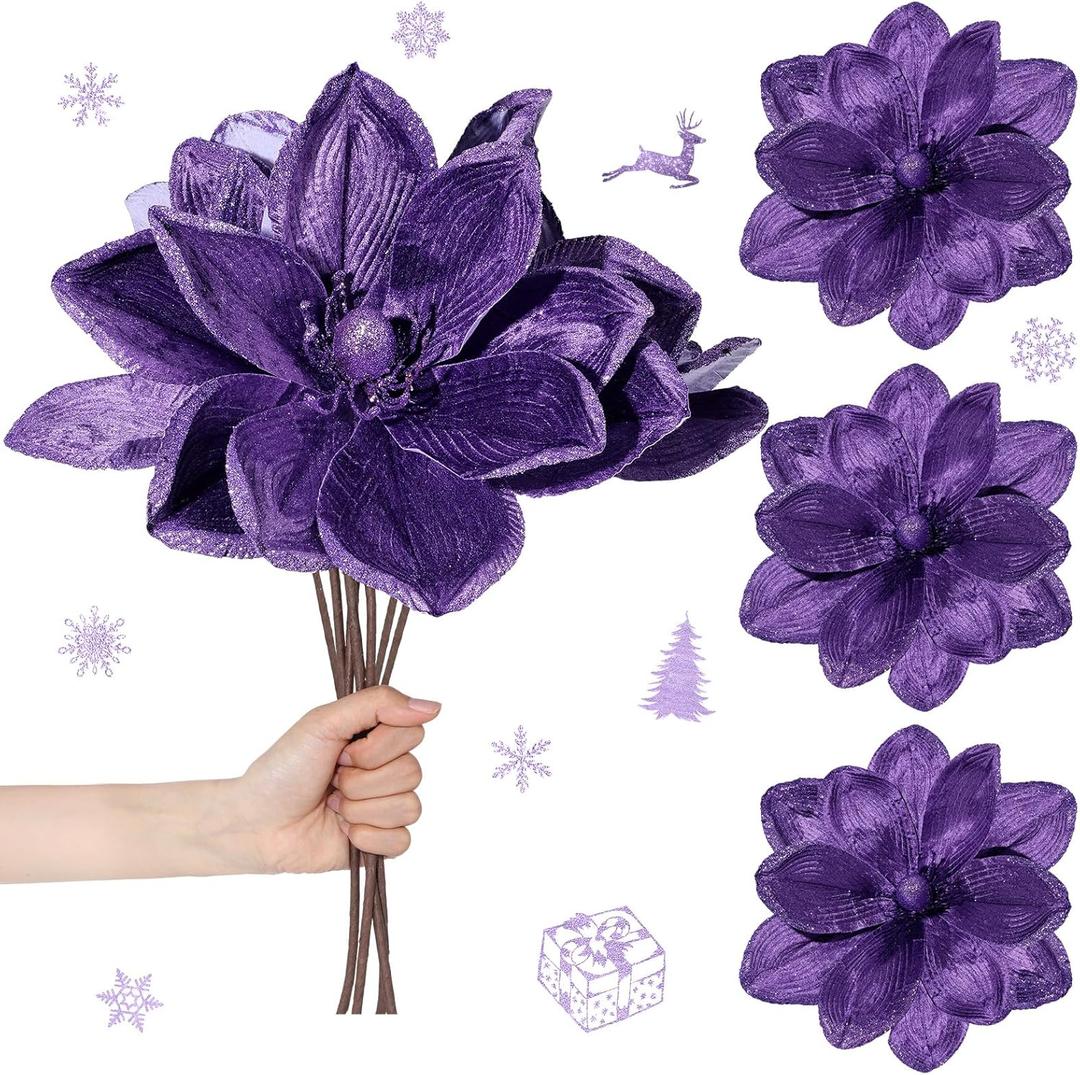 Thiccywoov 8 Pcs Large Christmas Flower Magnolia Flowers Christmas Tree Decoration Artificial Poinsettia Stems Velvet Xmas Ornaments for Xmas Tree Table Decor(Purple,16 Inch)
