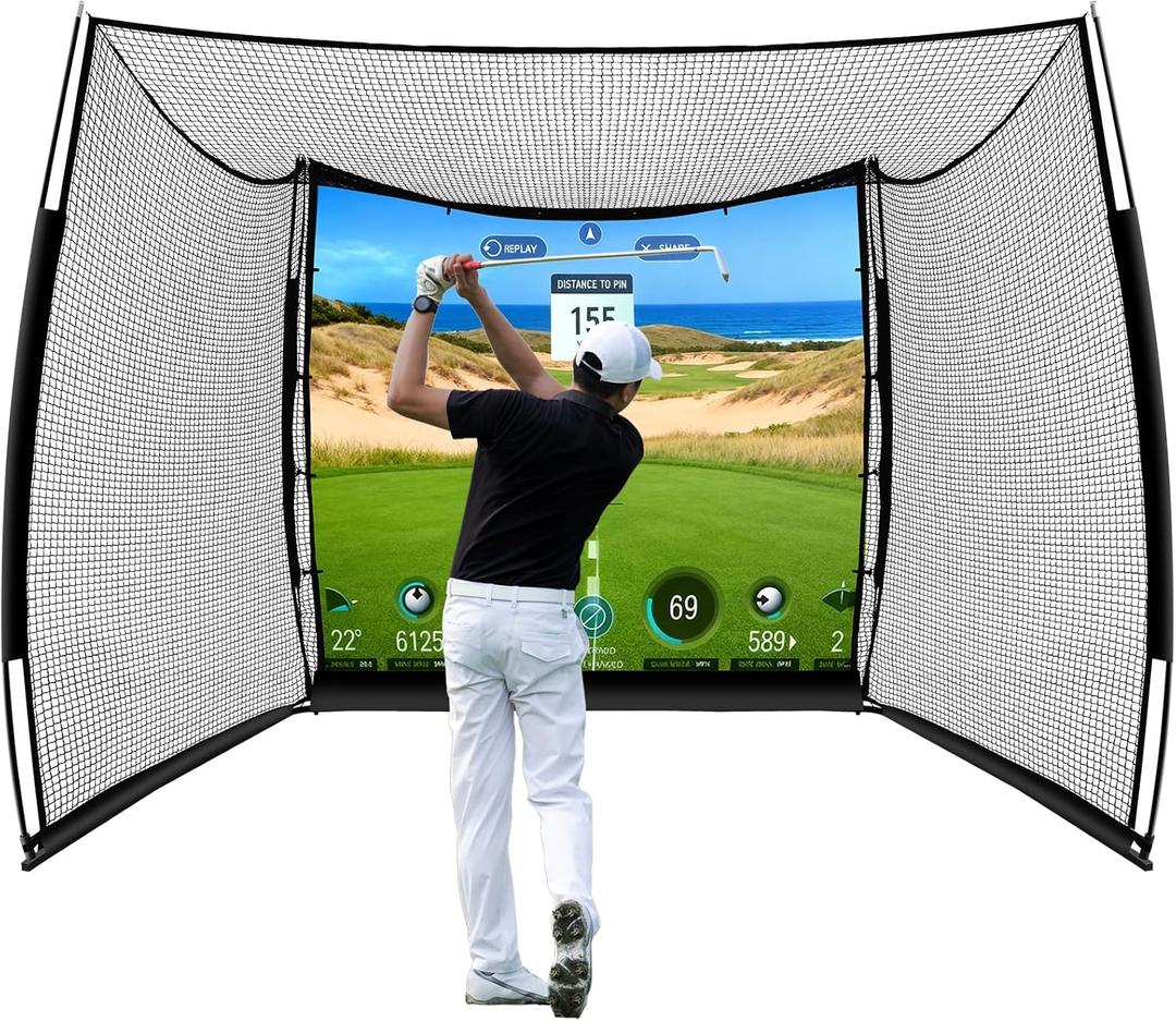 Bltend Golf Net, 11x8ft Golf Practice Hitting Net with HD Impact Simulator Screen and Target Cloth, Heavy Duty Simulator Cage for Swing Driving at Home, Garage, Basement, Backyard Indoor, Outdoor Use