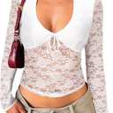 Matunana Womens Long Sleeve Going Out Tops Lace V Neck Mesh Crop Shirts Sexy Cute Y2K Fall Trendy Outfits 2026 (White), Smal