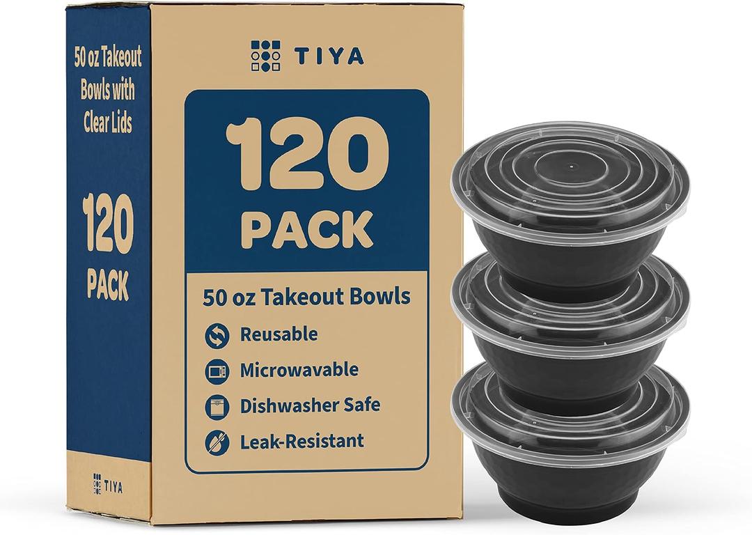 TIYA Food Containers - 50 oz Bulk 120 Pack with Lids - Plastic Bowl To-Go Containers - Reusable, Microwavable, Dishwasher Safe - Leak-Resistant for Soups & Meal Prep - BPA-Free, 50oz 120PK