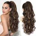 ALXNAN Ponytail Extension,24 Inch Claw Clip in Long Curly Wavy Dark Brown with Golden Blonde Ponytail Hair Extension Jaw Clip on Pony Tails Hairpiece for Women