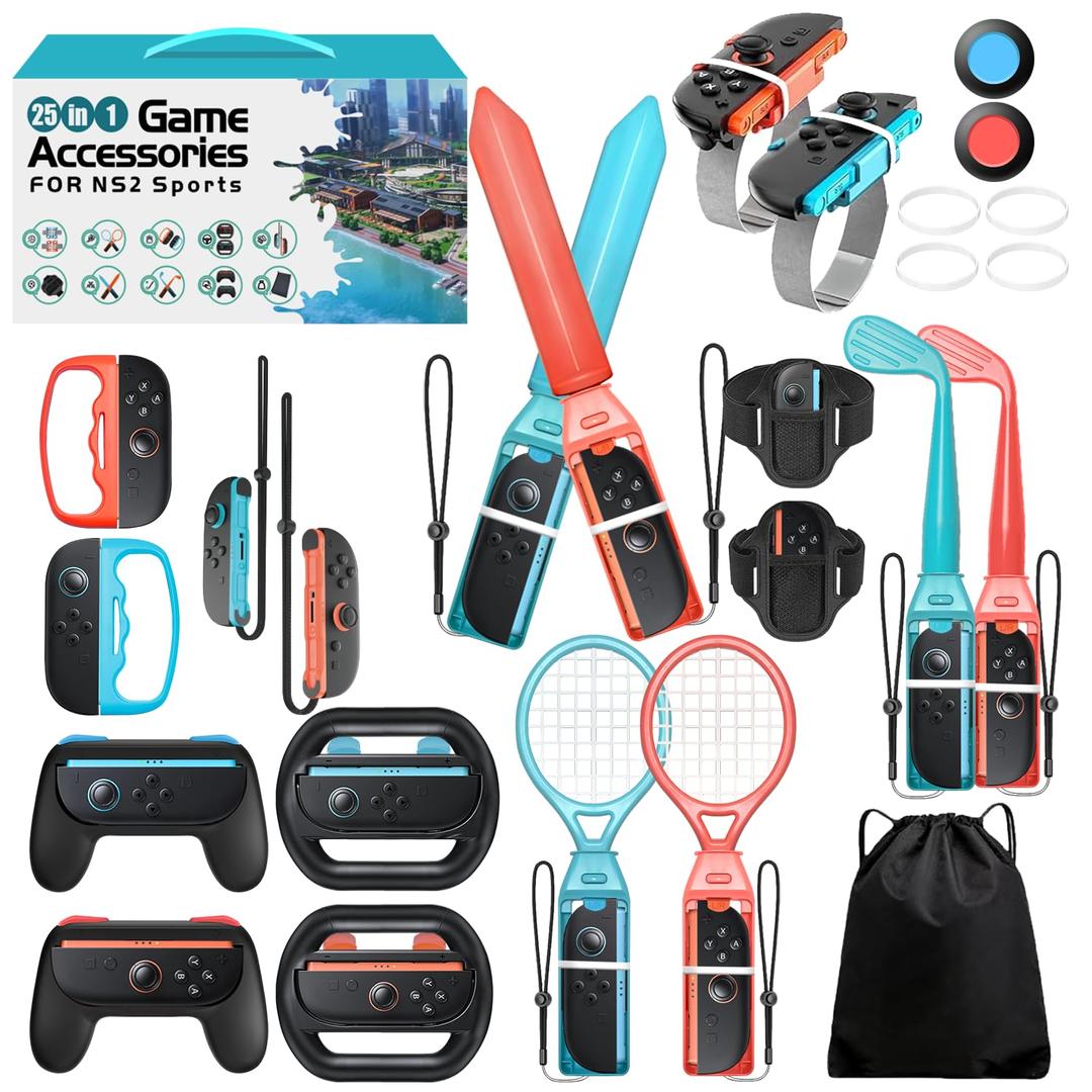Switch 2 Sports Accessories, Wodbymat 25 in 1 Sports Bundle for Nintendo Switch 2 with 2 Tennis accessories 2 Handle 2 Steering Wheels 2 Bowling ball grip 2 Sword accessory Shared 2 grip 2 Golf 2 Binding tape 2 Wrist strap 2 Lanyard times 2 Lanyard 2 Rocker cap 1 Storage bag