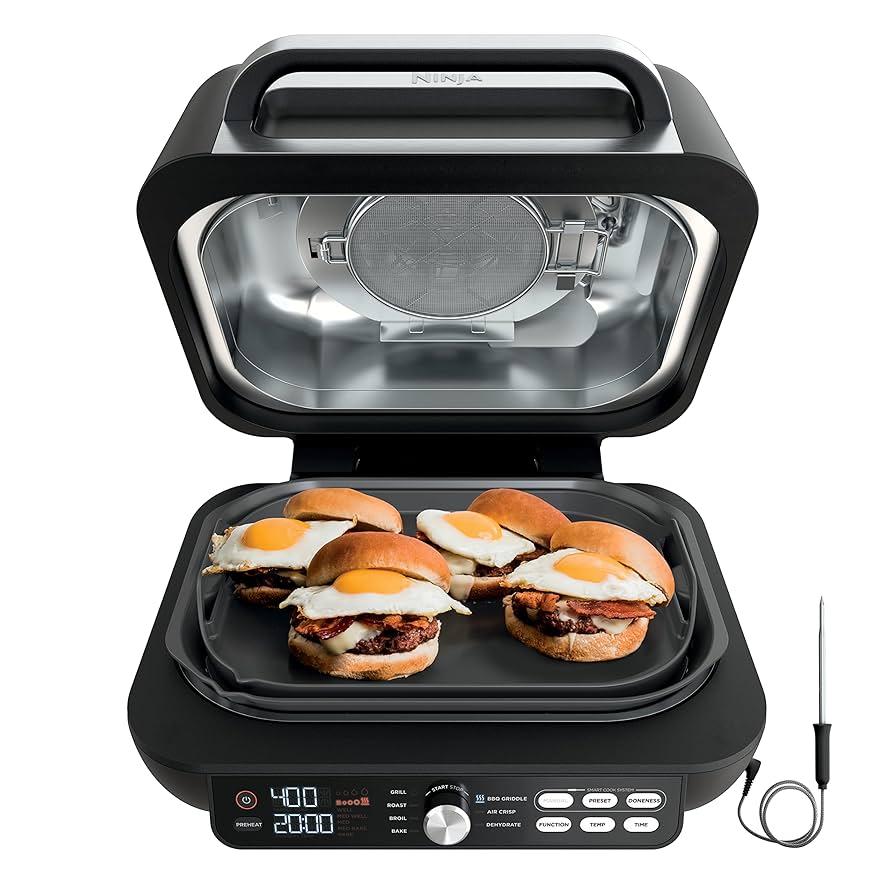 Ninja IG651 Foodi Smart XL Pro 7-in-1 Indoor Grill/Griddle Combo, use Opened or Closed, Air Fry, Dehydrate & More, Pro Power Grate, Flat Top, Crisper, Smart Thermometer, Black 