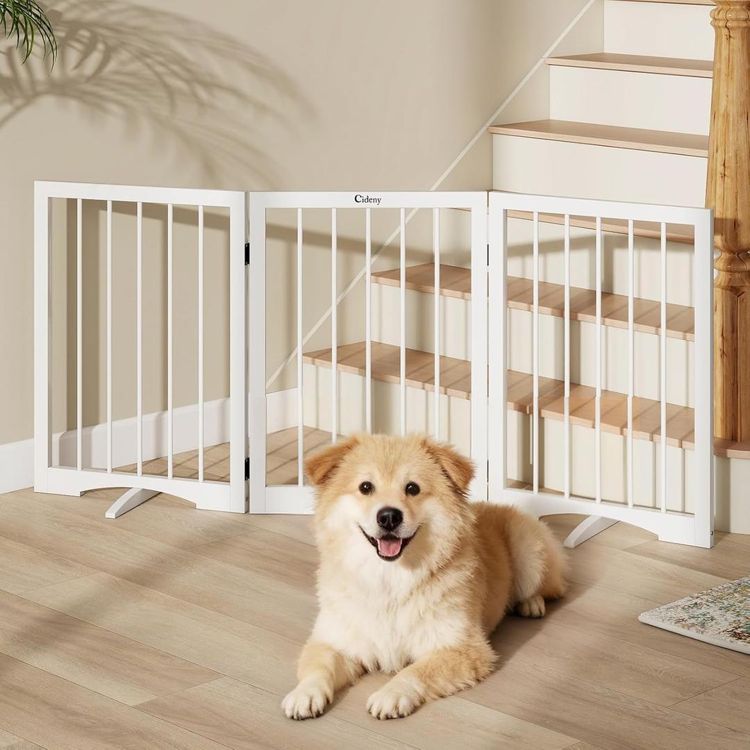 Free Standing Dog Gate Indoor, Foldable Dog Gate for Doorways Stairs Hallways, 3-Panel Freestanding Pet Gate with Support Feet for Stability, Folding Puppy Gate Easy to Move, Doggy Gate 54"x24" (White)