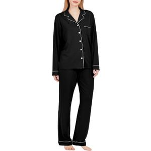 BAMBOO COOL Pajamas Set for Women Comfy Lounge Set Button Down Sleepwear Long Sleeve Pj Set (Black, XL)