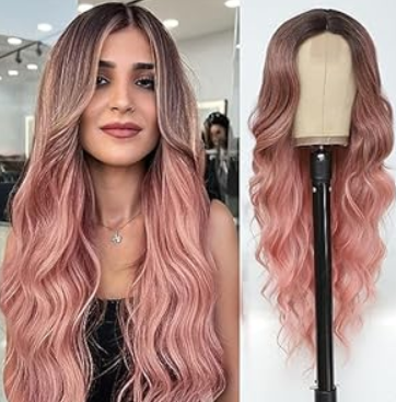 NAYOO Long Wavy Wigs for Women Middle Part Ombre Pink Wig with Dark Roots Synthetic Heat Resistant Fiber Women Wigs for Daily Party Use (Pink)