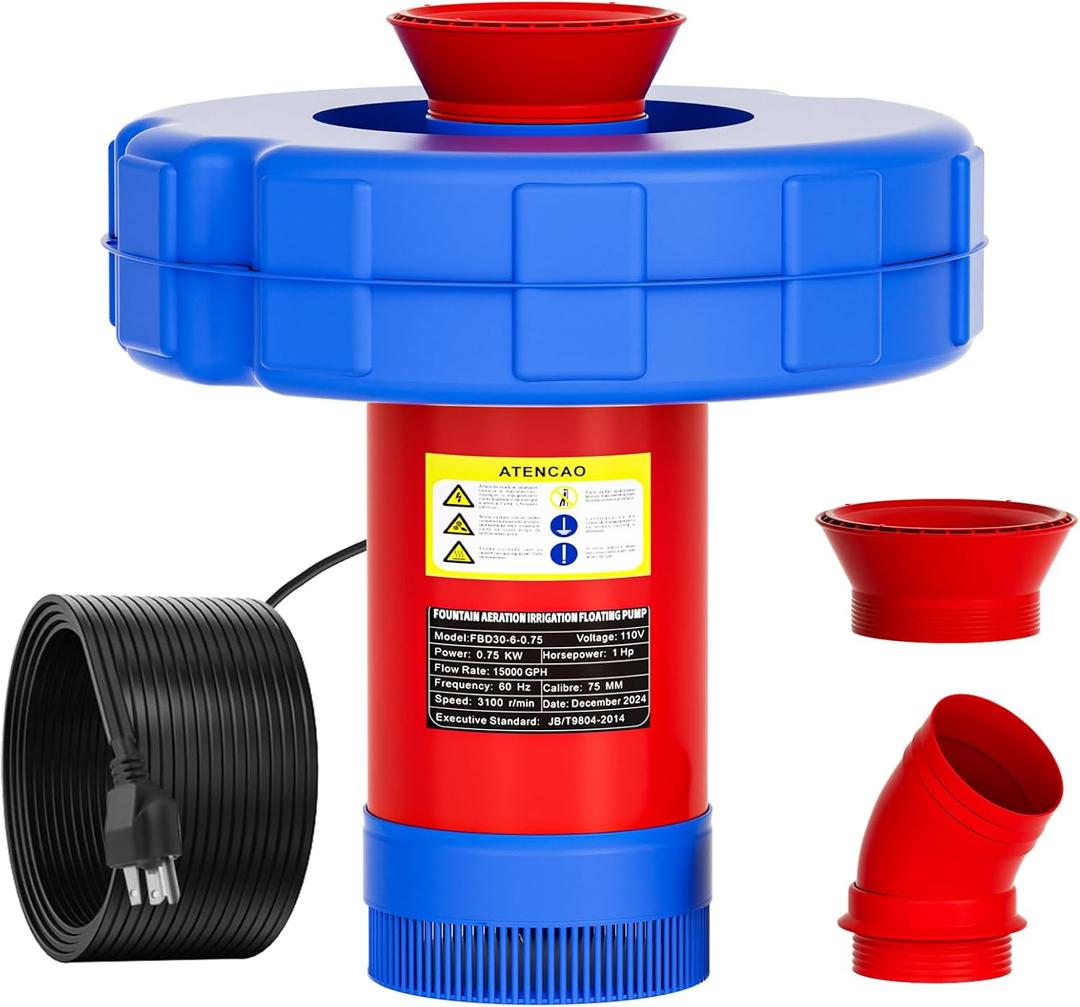 15000 GPH Pond Fountain Aerator - Fully Automatic 110V, 750W (1HP) Floating Fountain and Pond Aerator for Large and Small Outdoor Ponds and Lakes - Pond Fountain with 100 Feet Power Cord.