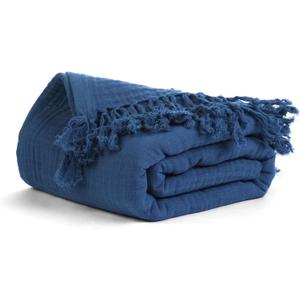 Salt Earth 100% Cotton Muslin Throw Blanket, Gauze Blanket 50"X60" Throw with Tassel 4 Layered for Couch, Bed, Living Room, Home,Lightweight & All Season Blankets & Throws, Skin Friendly(Navy Blue)