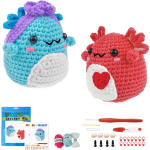 Terself Axolotl Crochet Kit for Beginners: 2PCS Crochet Animal Kits for Kids & Adults, Learn to Crocheting Starter Kit with Written Pattern & Video Tutorials (40%+ Yarn Extra)- Axolotl Family